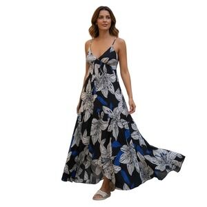 Ramy Brook Estrella Dress Black Floral Print Halter Maxi Size S Asymmetric Hem